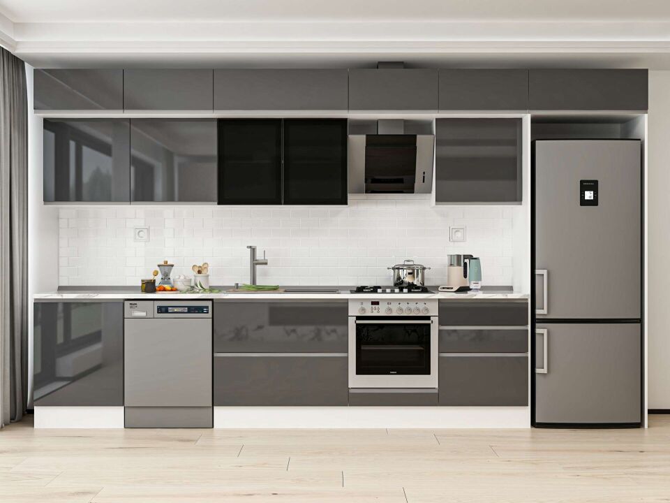 Alvinka 400X240 Cm High Gloss Mutfak Dolabı Mb-E80S60S60-3 High Gloss | Antrasit - Mdf