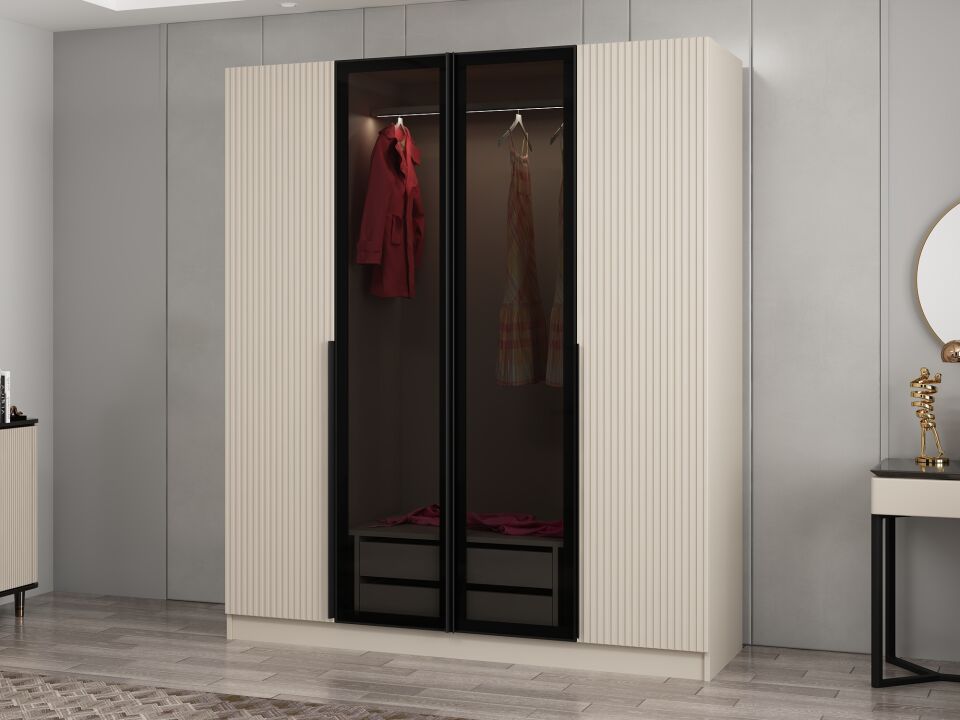 Kale Plus 4 Mebran Kapaklı 2 Çekmeceli Dolap Kumtaşı Mebran Füme Cam