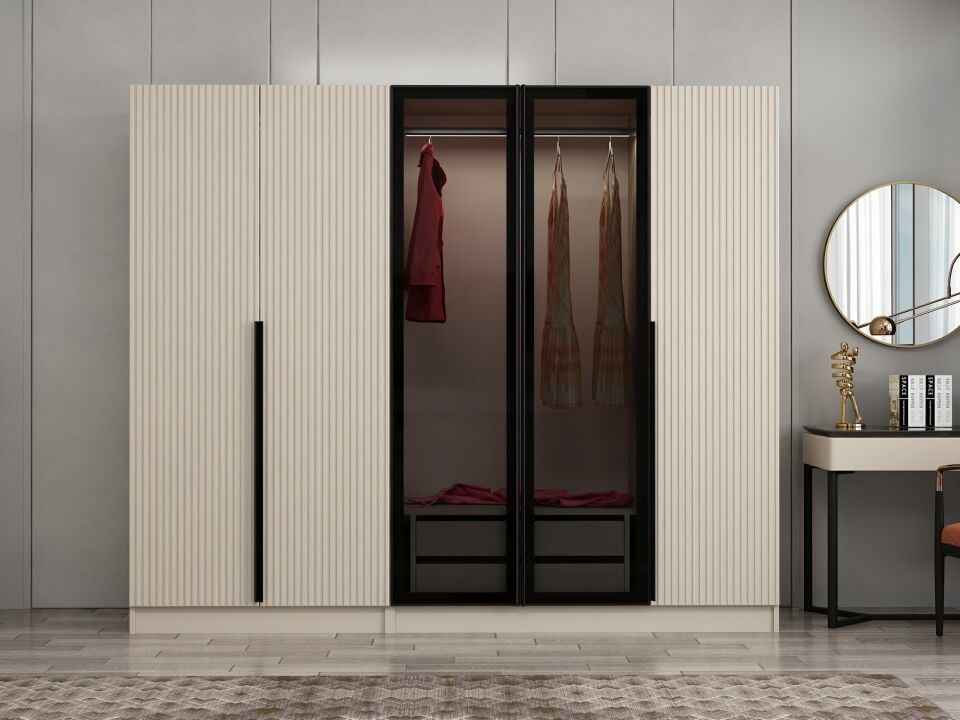 Kale Plus 5 Mebran Kapaklı 2 Çekmeceli Dolap Kumtaşı Mebran Füme Cam