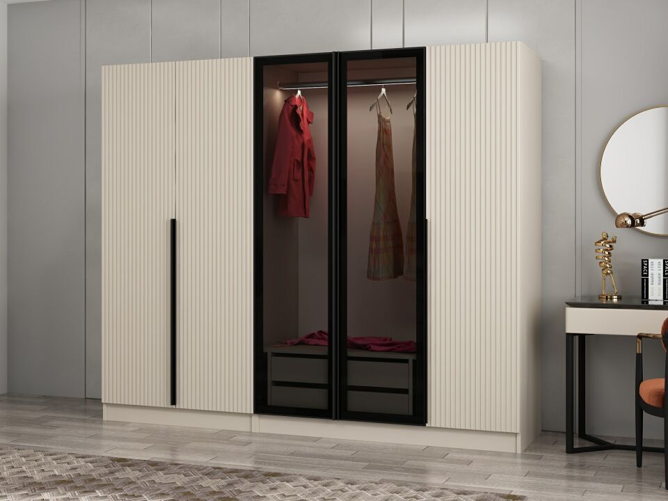 Kale Plus 5 Mebran Kapaklı 2 Çekmeceli Dolap Kumtaşı Mebran Füme Cam