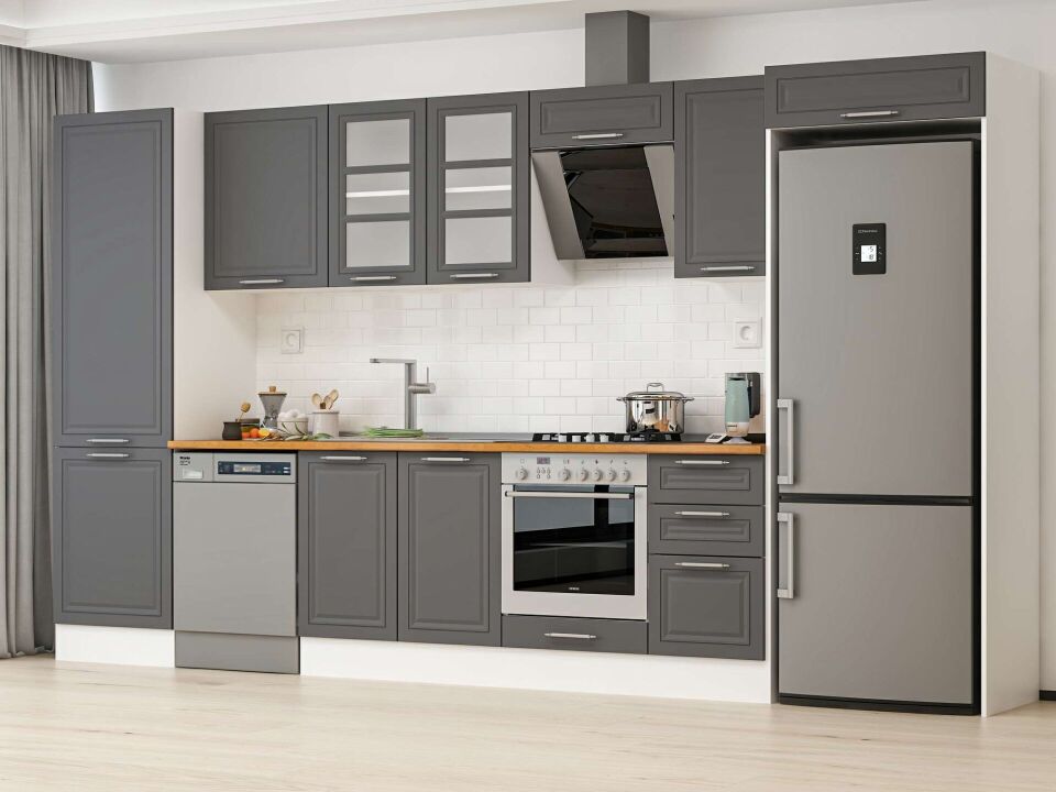 Alvinka 385X222 Cm Klasik Mebran Mutfak Dolabı Mbb-E80B60S45-3 Mebran | Antrasit - Suntalam