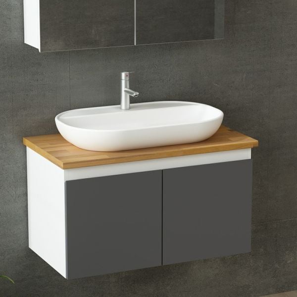 Minar Banyo Dolabı 85Cm As2K+2K2A+Tzg Beyaz Düz Antrasit Kapak