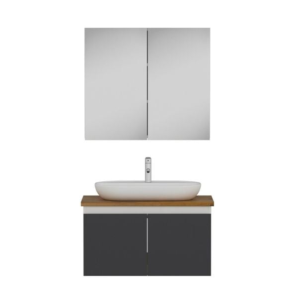 Minar Banyo Dolabı 85Cm As2K+2K2A+Tzg Beyaz Düz Antrasit Kapak