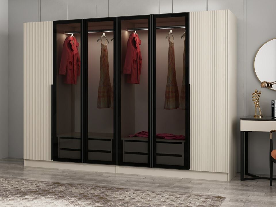 Kale Plus 6 Mebran Kapaklı 4 Çekmeceli Dolap Kumtaşı Mebran Füme Cam