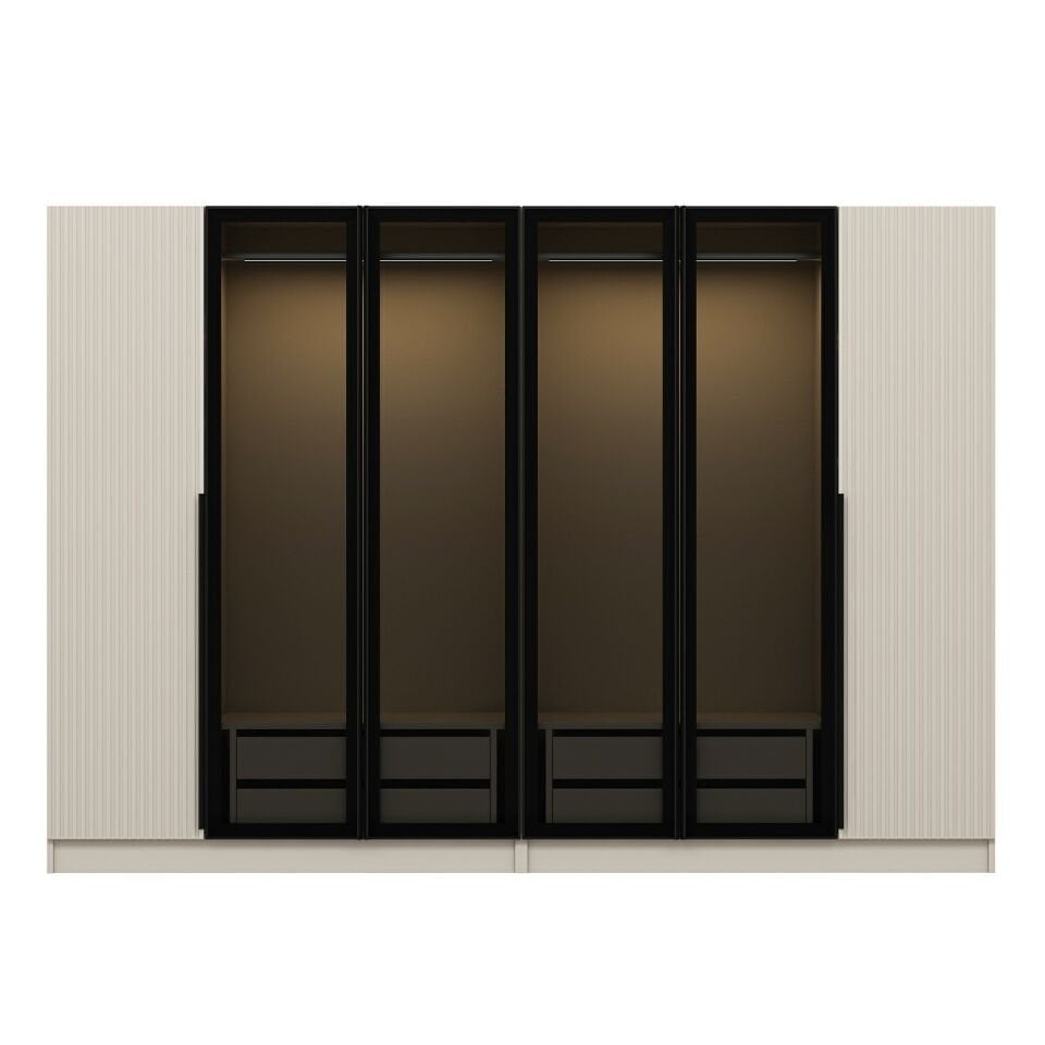 Kale Plus 6 Mebran Kapaklı 4 Çekmeceli Dolap Kumtaşı Mebran Füme Cam