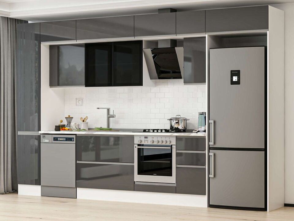Alvinka 360X240 Cm High Gloss Mutfak Dolabı Mbb-E80B40S40-3 High Gloss | Antrasit - Mdf