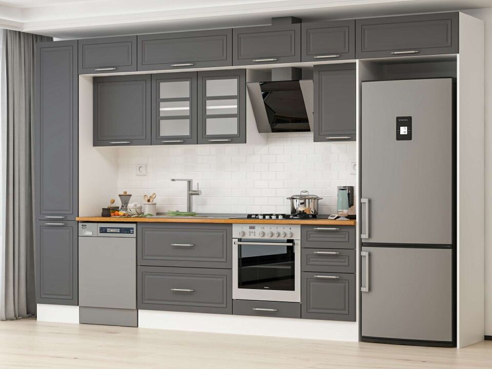 Alvinka 370X240 Cm Klasik Mebran Mutfak Dolabı Mbb-E80B45S45-3 Mebran | Antrasit - Suntalam