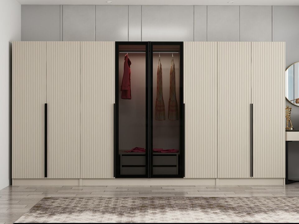 Kale Plus 8 Mebran Kapaklı 2 Çekmeceli Dolap Kumtaşı Mebran Füme Cam