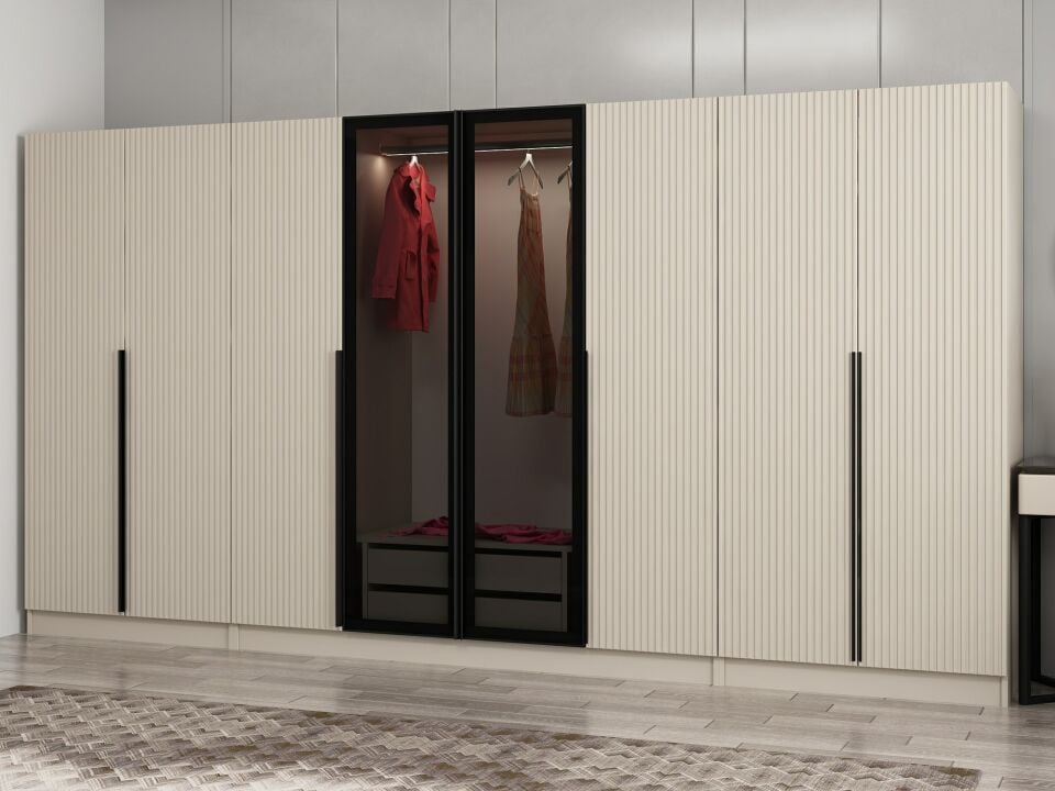 Kale Plus 8 Mebran Kapaklı 2 Çekmeceli Dolap Kumtaşı Mebran Füme Cam