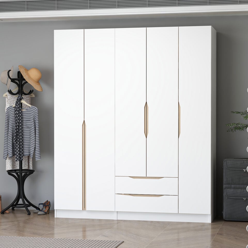 Alin 5 Kapaklı 2 Çekmeceli Gardırop - Elbise Dolabı - J Soft Kulp - Beyaz