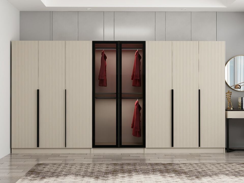 Kale Plus 8 Mebran Kapaklı 4 Çekmeceli Dolap Kumtaşı Mebran Füme Cam 190CM