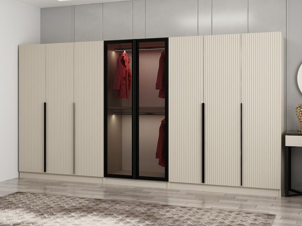 Kale Plus 8 Mebran Kapaklı 4 Çekmeceli Dolap Kumtaşı Mebran Füme Cam 190CM