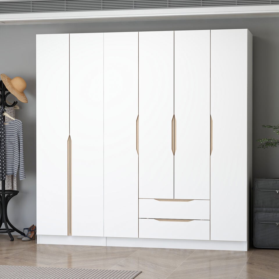 Alin 6 Kapaklı 2 Çekmeceli Gardırop - Elbise Dolabı - J Soft Kulp - Beyaz