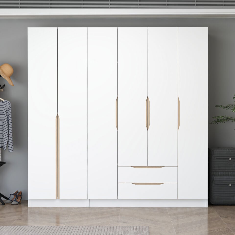 Alin 6 Kapaklı 2 Çekmeceli Gardırop - Elbise Dolabı - J Soft Kulp - Beyaz