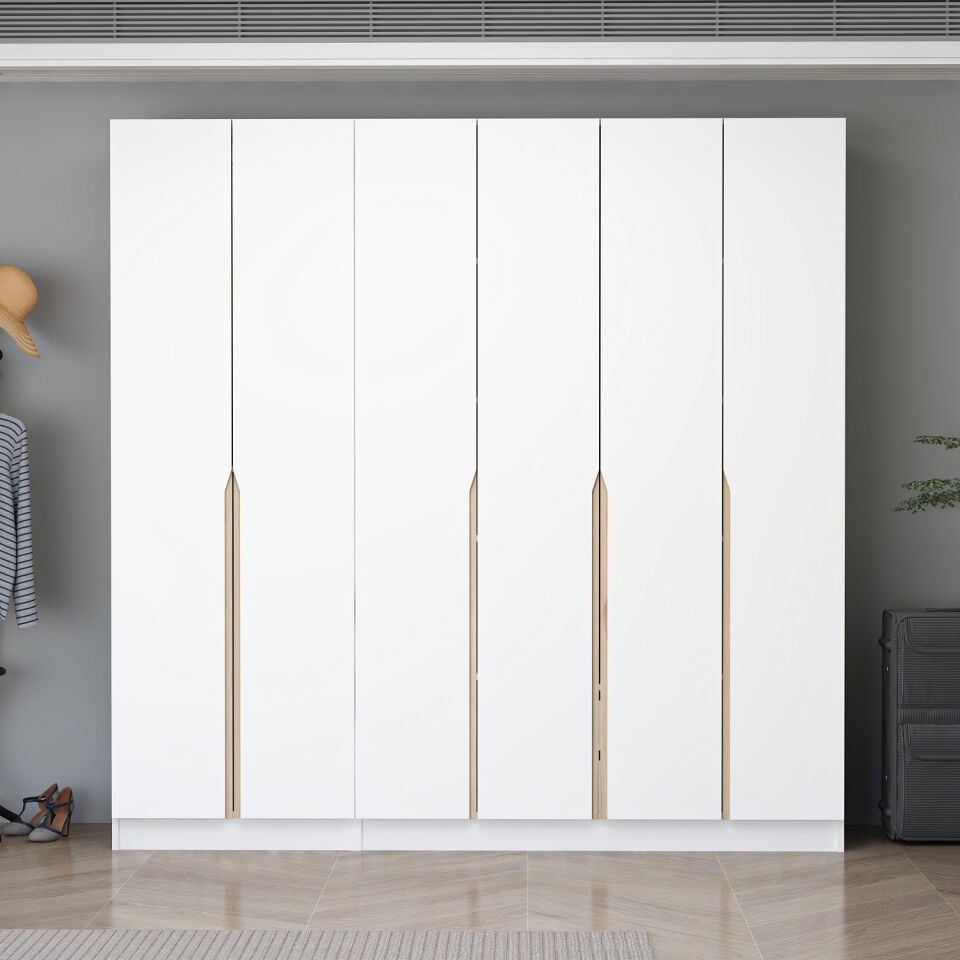 Alin 6 Kapaklı 2 Gizli Çekmeceli Gardırop - Elbise Dolabı - J Soft Kulp - Beyaz