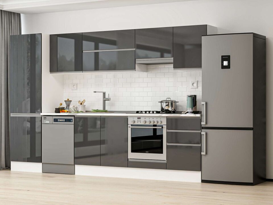 Alvinka 320X210 Cm High Gloss Mutfak Dolabı Mb-E90B60S50-1 High Gloss | Antrasit - Suntalam