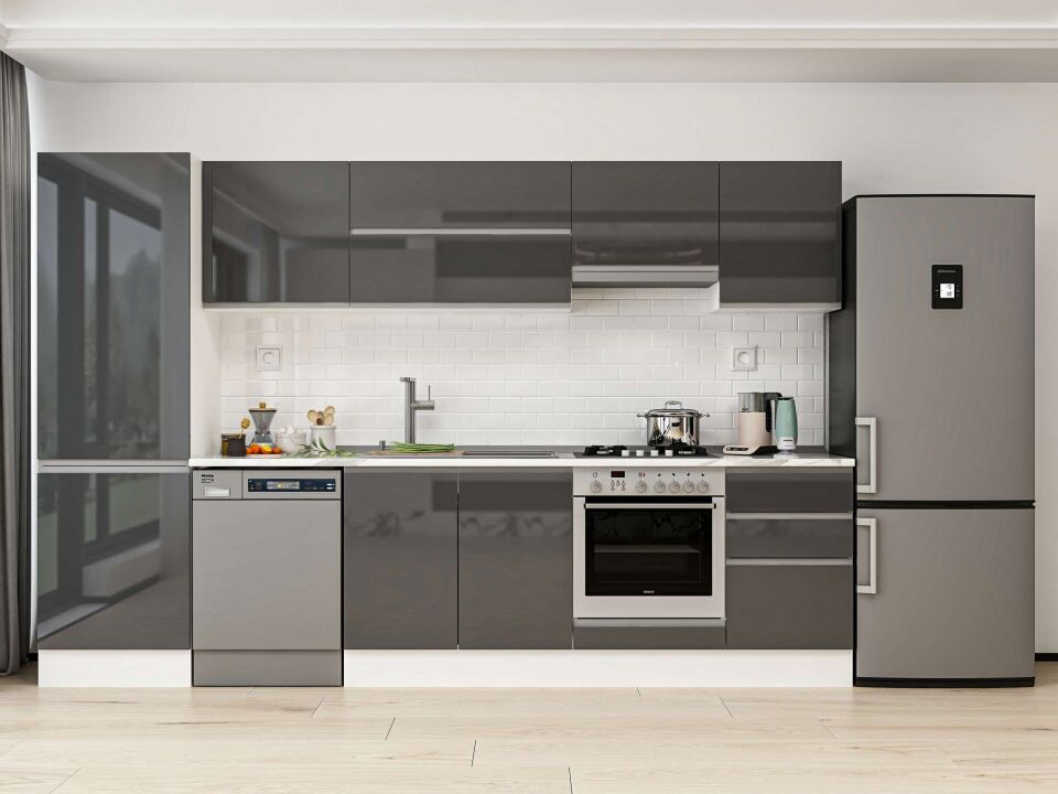 Alvinka 320X210 Cm High Gloss Mutfak Dolabı Mb-E90B60S50-1 High Gloss | Antrasit - Mdf