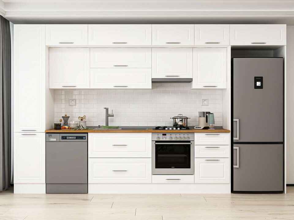 Alvinka 375X240 Cm Klasik Mebran Mutfak Dolabı Mbb-E80B45S50-1 Mebran | Beyaz - Mdf