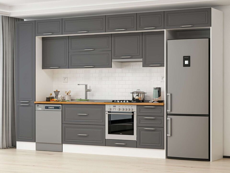 Alvinka 375X240 Cm Klasik Mebran Mutfak Dolabı Mbb-E80B45S50-1 Mebran | Antrasit - Mdf