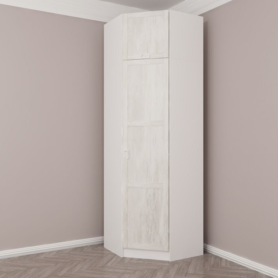 Kale 1 Kapaklı Köşe Dolap + Yüklük Beyaz Eskitme Beyaz