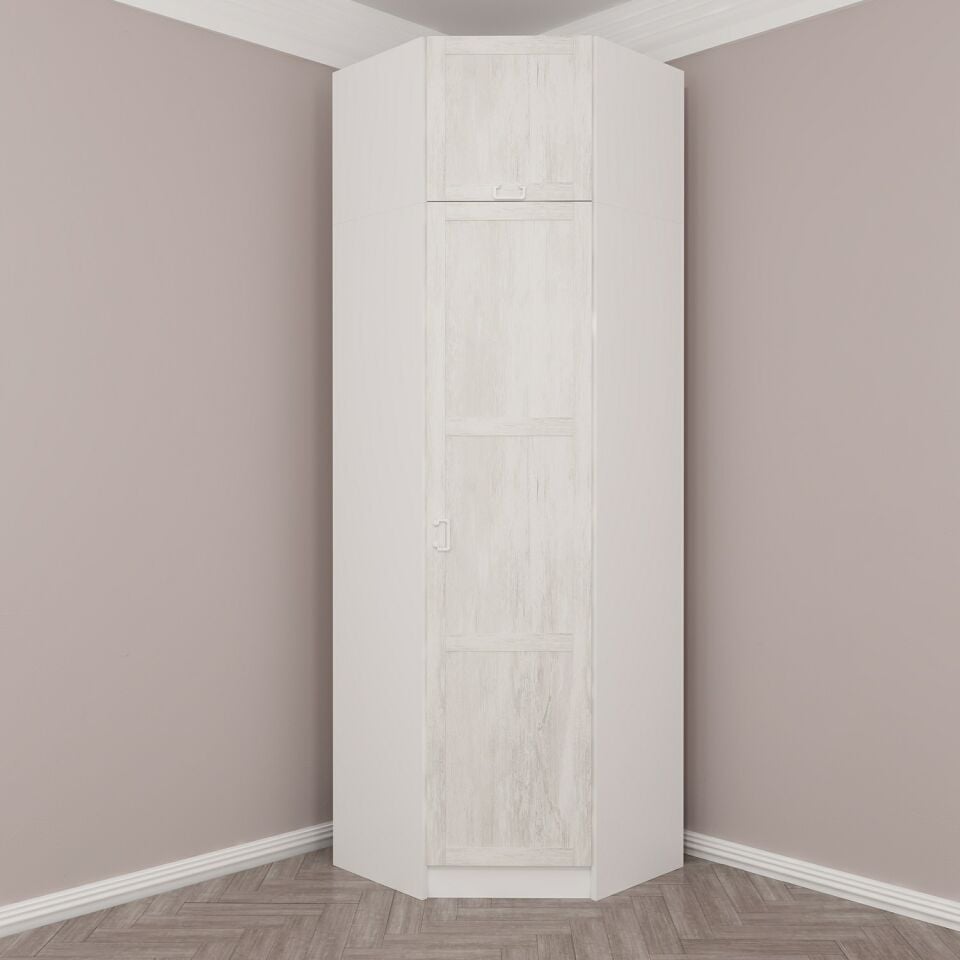 Kale 1 Kapaklı Köşe Dolap + Yüklük Beyaz Eskitme Beyaz