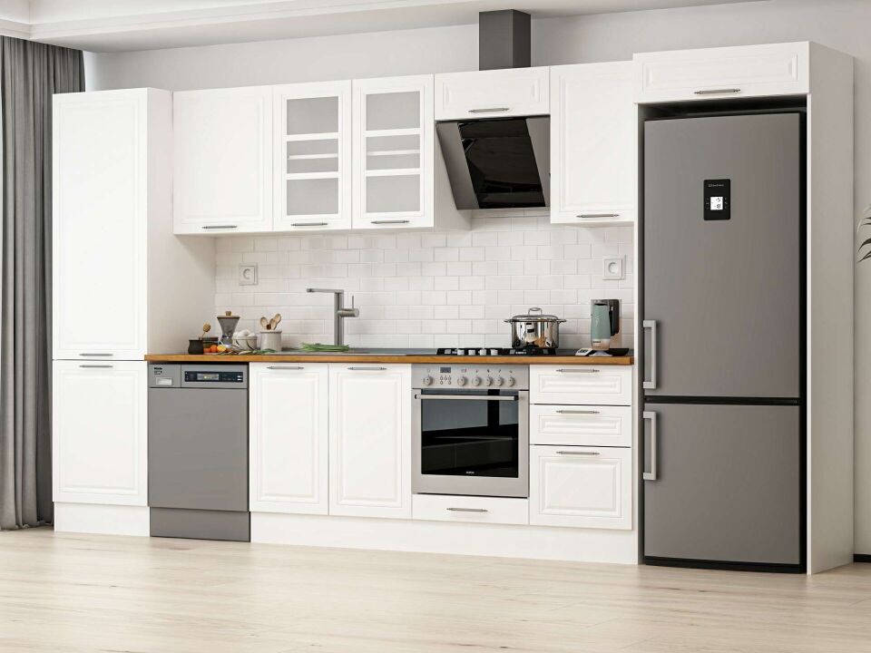Alvinka 390X222 Cm Klasik Mebran Mutfak Dolabı Mbb-E80B60S50-3 Mebran | Beyaz - Mdf
