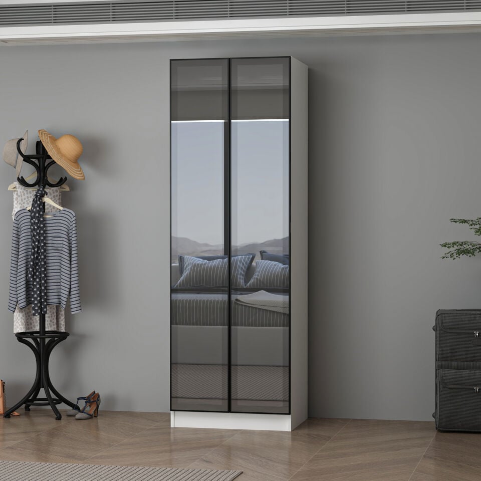 Alin 2 Reflekte Cam Kapaklı Beyaz Dolap