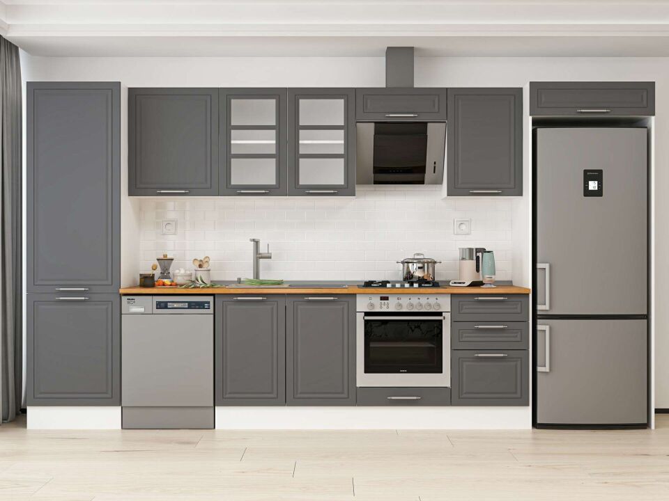 Alvinka 390X222 Cm Klasik Mebran Mutfak Dolabı Mbb-E80B60S50-3 Mebran | Antrasit - Mdf