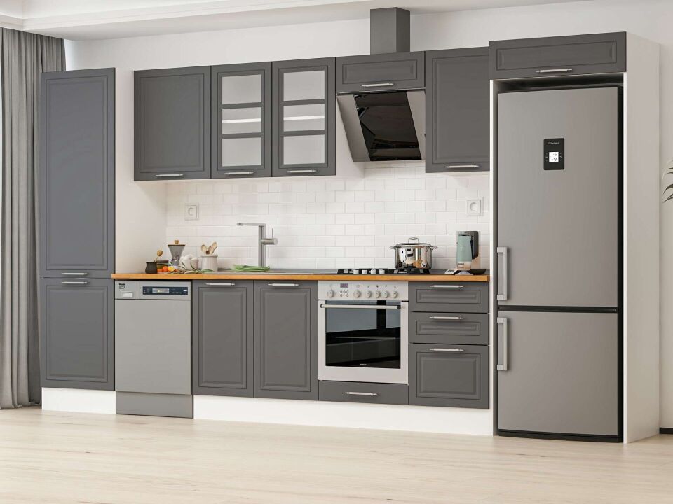 Alvinka 390X222 Cm Klasik Mebran Mutfak Dolabı Mbb-E80B60S50-3 Mebran | Antrasit - Mdf