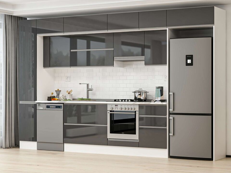 Alvinka 370X240 Cm High Gloss Mutfak Dolabı Mbb-E80B40S50-1 High Gloss | Antrasit - Suntalam