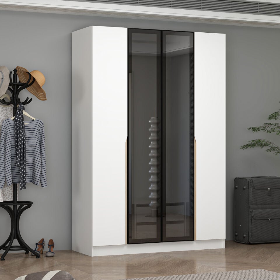 Alin 2 Gizli Çekmeceli 4 Kapaklı Beyaz Dolap (2 Reflekte Cam, 2 Beyaz Kapaklı)
