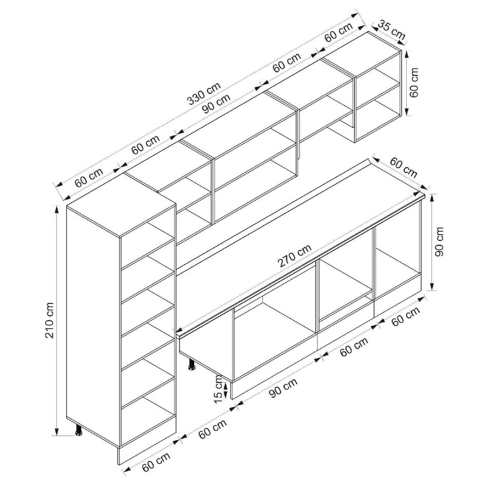 Alvinka 330X210 Cm High Gloss Mutfak Dolabı Mb-E90B60S60-1 High Gloss | Beyaz - Mdf