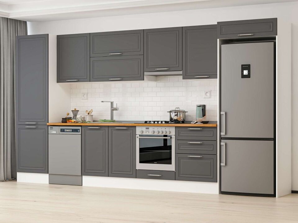 Alvinka 400X222 Cm Klasik Mebran Mutfak Dolabı Mbb-E80B60S60-1 Mebran | Antrasit - Mdf