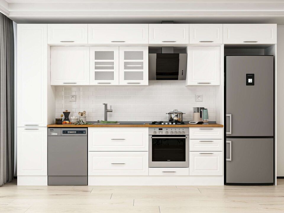 Alvinka 375X240 Cm Klasik Mebran Mutfak Dolabı Mbb-E80B45S50-3 Mebran | Beyaz - Mdf