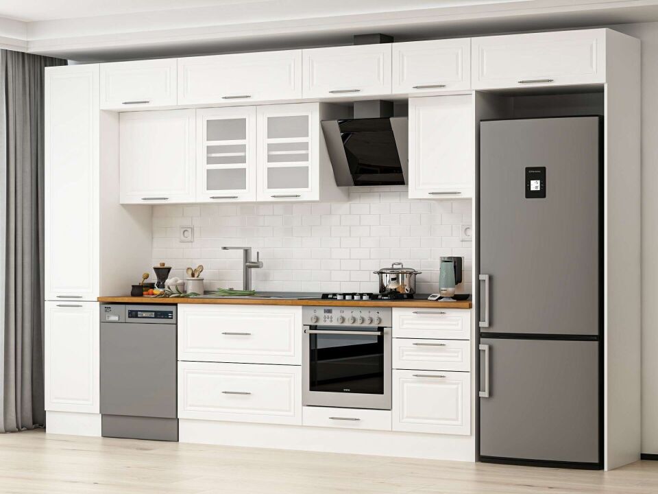 Alvinka 375X240 Cm Klasik Mebran Mutfak Dolabı Mbb-E80B45S50-3 Mebran | Beyaz - Mdf