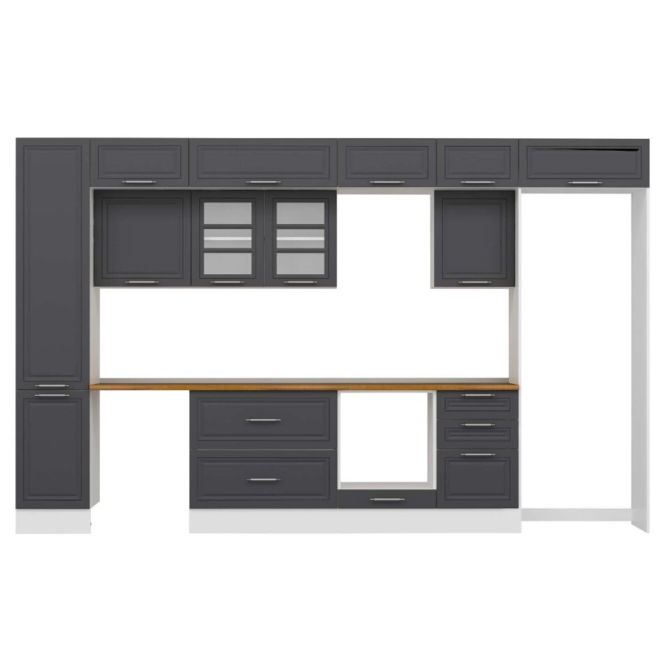 Alvinka 375X240 Cm Klasik Mebran Mutfak Dolabı Mbb-E80B45S50-3 Mebran | Antrasit - Mdf