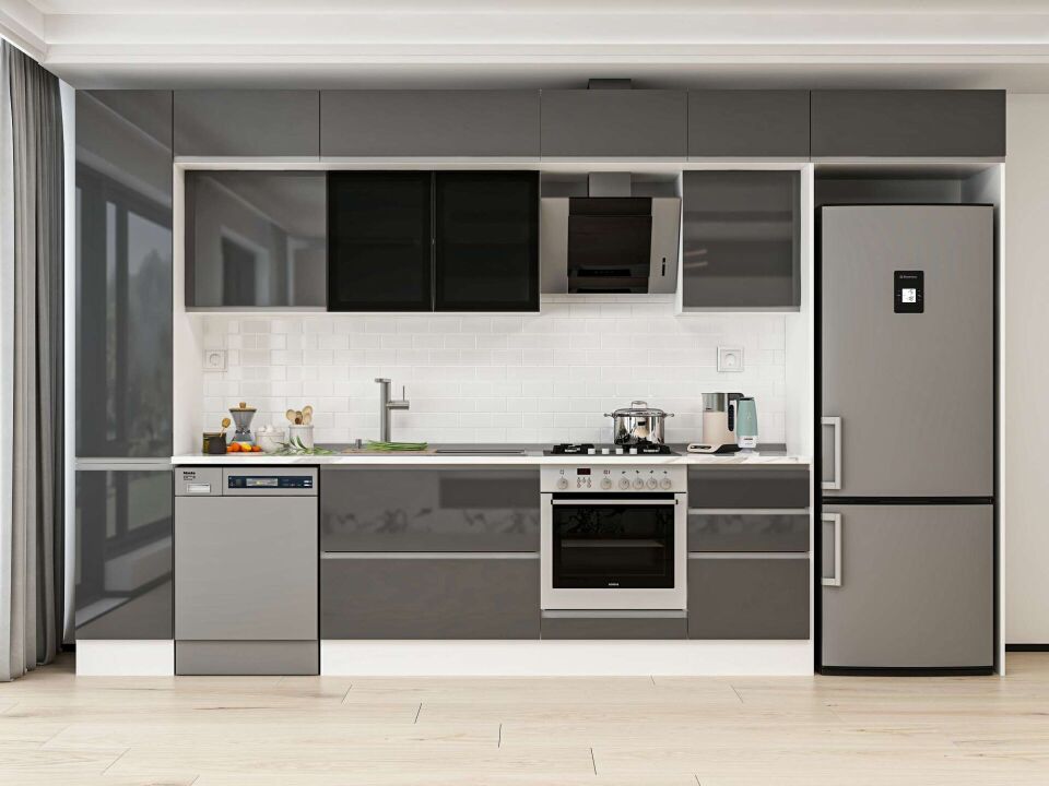 Alvinka 370X240 Cm High Gloss Mutfak Dolabı Mbb-E80B40S50-3 High Gloss | Antrasit - Mdf