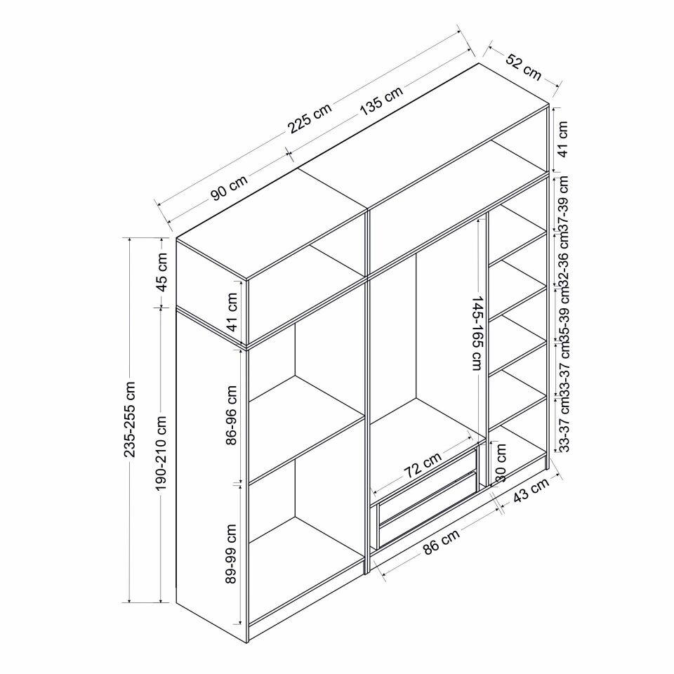 Kale 5 Kapaklı 2 İç Çekmeceli Dolap Ve Yüklük Antrasit Mebran İlkbahar