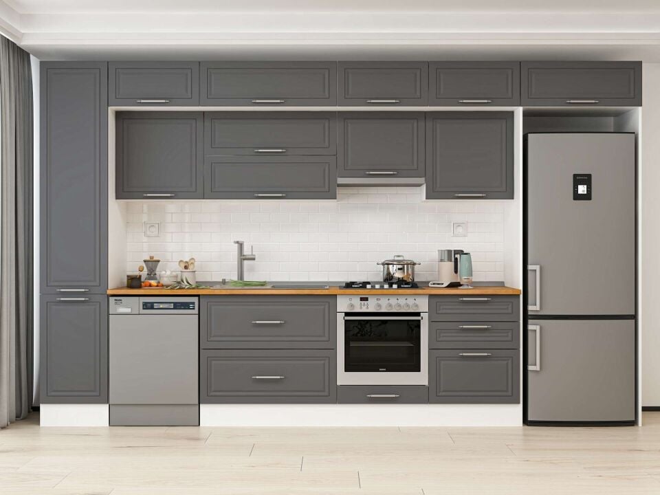Alvinka 385X240 Cm Klasik Mebran Mutfak Dolabı Mbb-E80B45S60-1 Mebran | Antrasit - Mdf