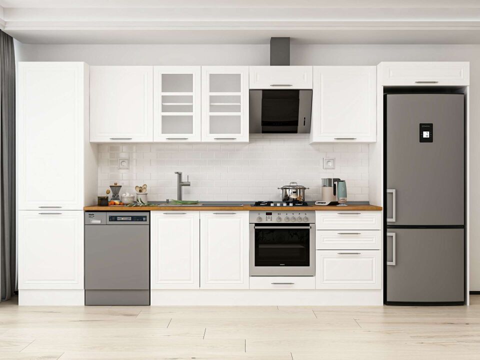 Alvinka 400X222 Cm Klasik Mebran Mutfak Dolabı Mbb-E80B60S60-3 Mebran | Beyaz - Mdf