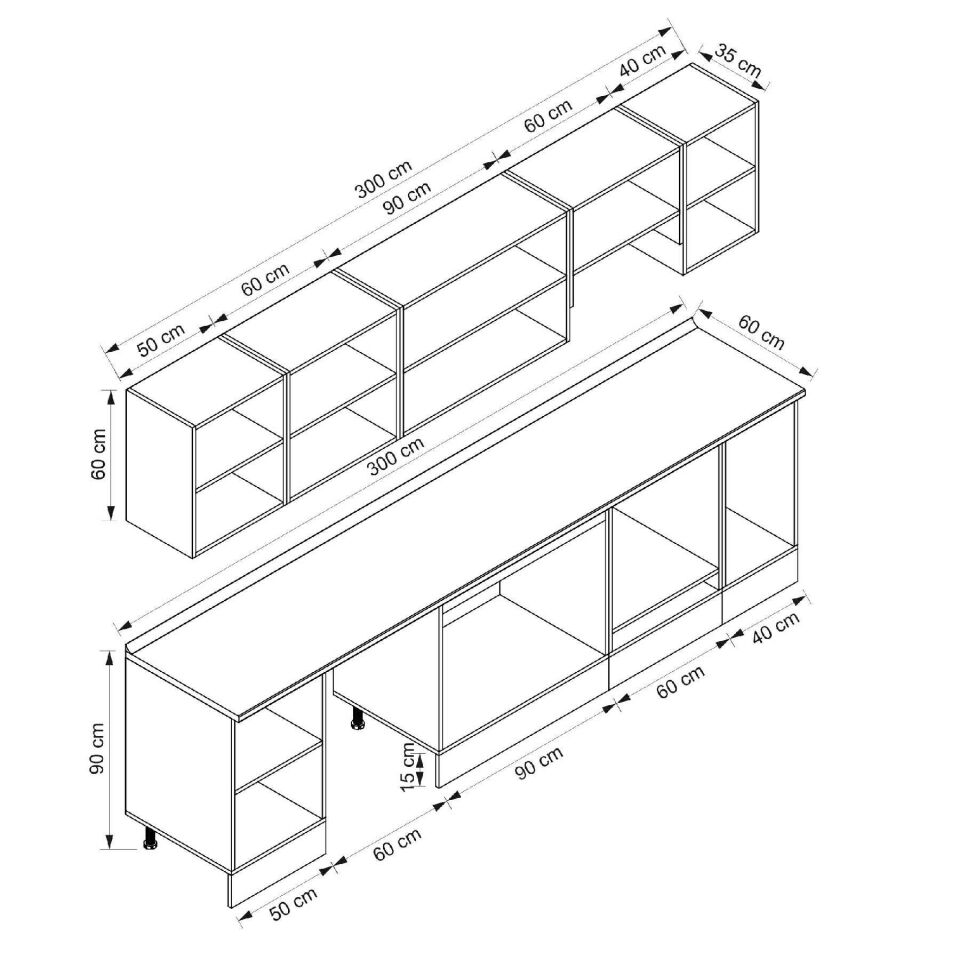 Alvinka 300X210 Cm Klasik Mebran Mutfak Dolabı M-E90S50S40-1 Mebran | Kumtaşı - Mdf
