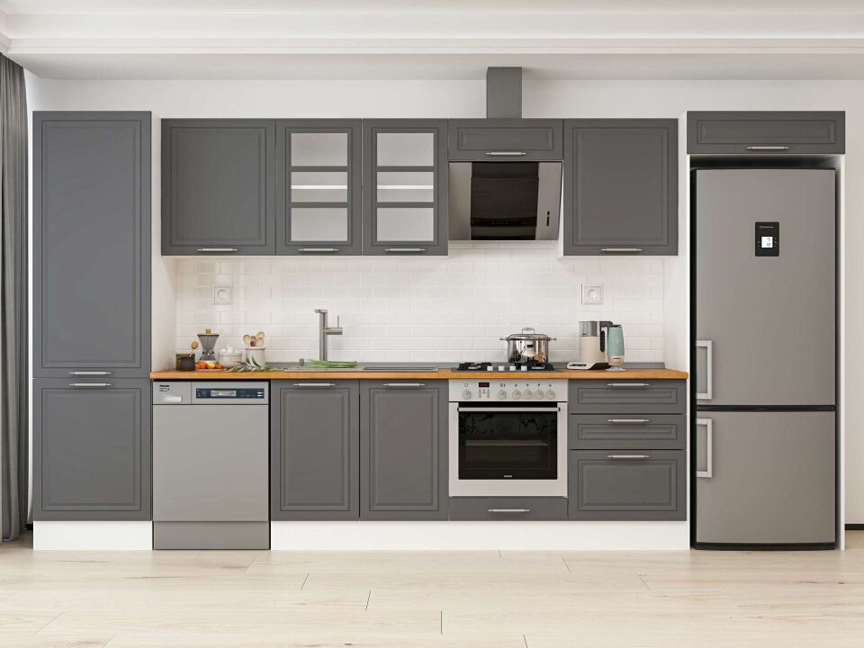 Alvinka 400X222 Cm Klasik Mebran Mutfak Dolabı Mbb-E80B60S60-3 Mebran | Antrasit - Mdf