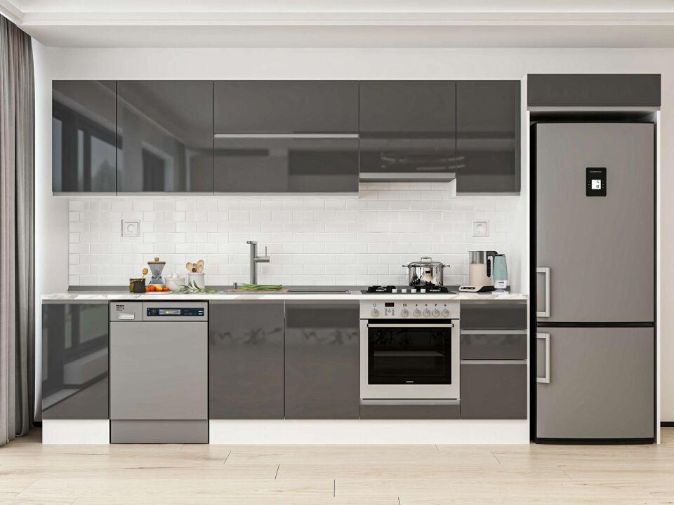 Alvinka 360X222 Cm High Gloss Mutfak Dolabı Mb-E80S40S40-1 High Gloss | Antrasit - Mdf
