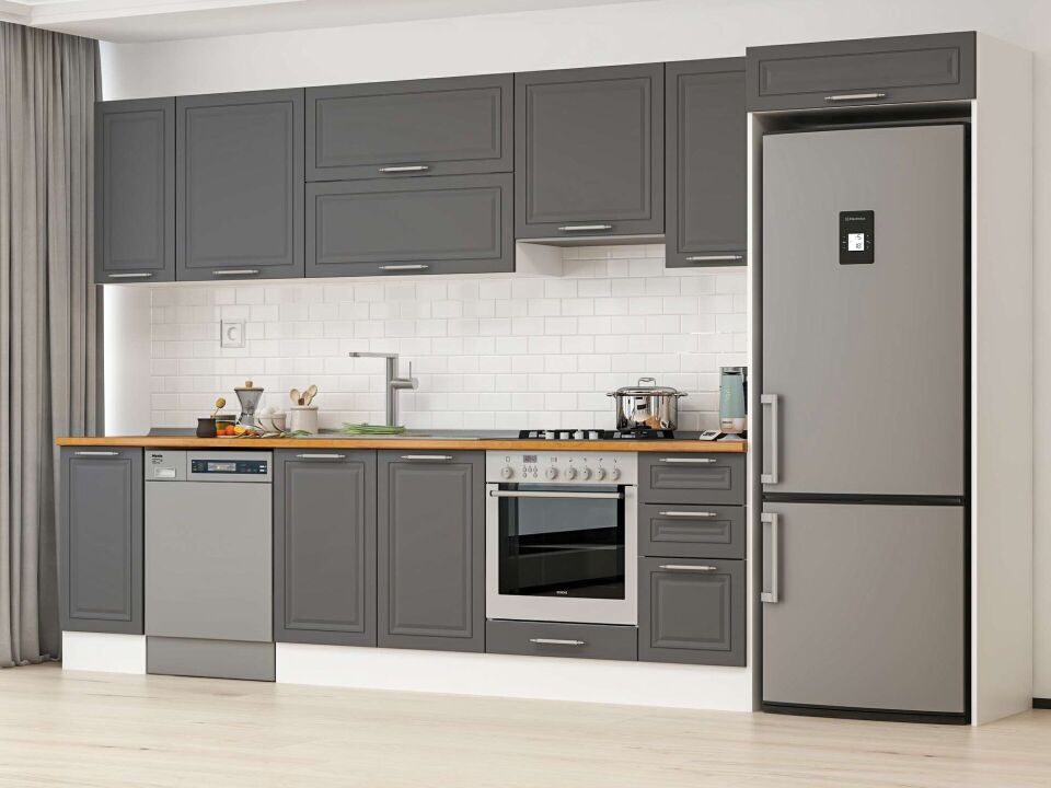 Alvinka 370X222 Cm Klasik Mebran Mutfak Dolabı Mb-E90S40S40-1 Mebran | Antrasit - Suntalam