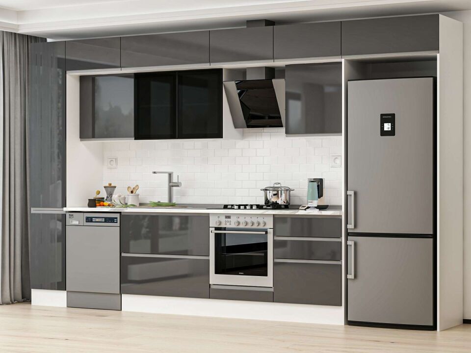 Alvinka 380X240 Cm High Gloss Mutfak Dolabı Mbb-E80B40S60-3 High Gloss | Antrasit - Suntalam