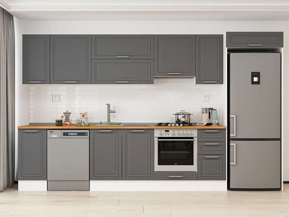 Alvinka 370X222 Cm Klasik Mebran Mutfak Dolabı Mb-E90S40S40-1 Mebran | Antrasit - Mdf
