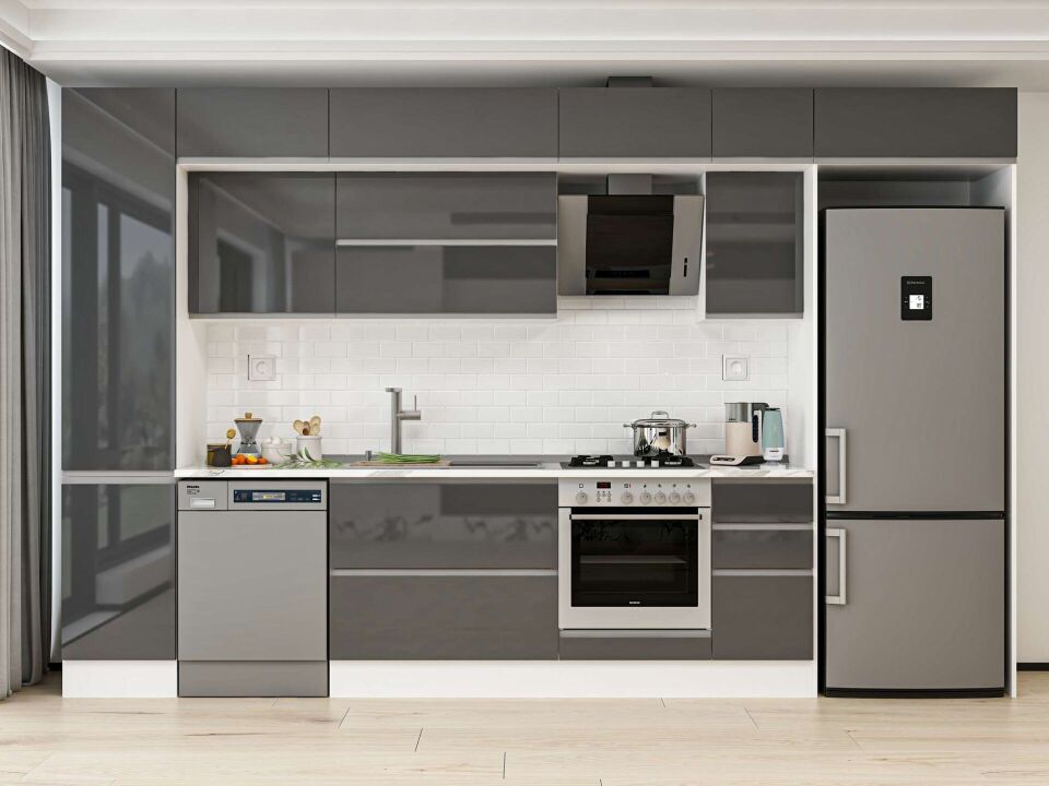 Alvinka 365X240 Cm High Gloss Mutfak Dolabı Mbb-E80B45S40-2 High Gloss | Antrasit - Mdf