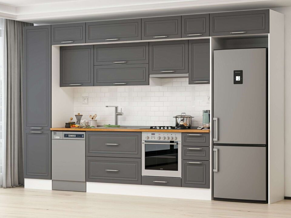 Alvinka 370X240 Cm Klasik Mebran Mutfak Dolabı Mbb-E80B50S40-1 Mebran | Antrasit - Mdf