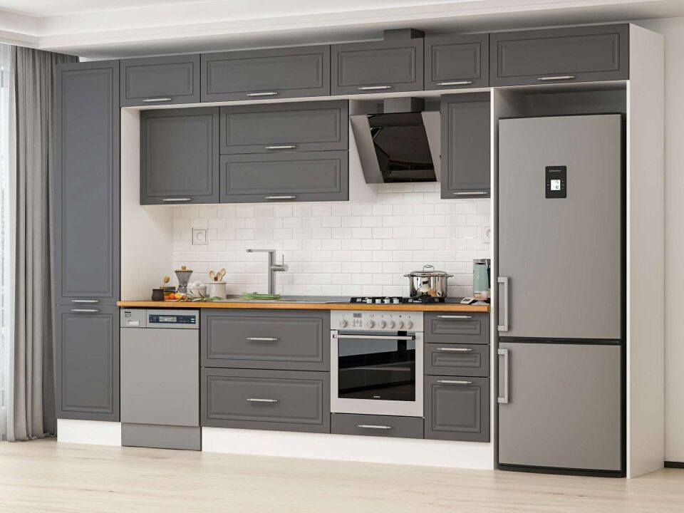 Alvinka 370X240 Cm Klasik Mebran Mutfak Dolabı Mbb-E80B50S40-2 Mebran | Antrasit - Mdf