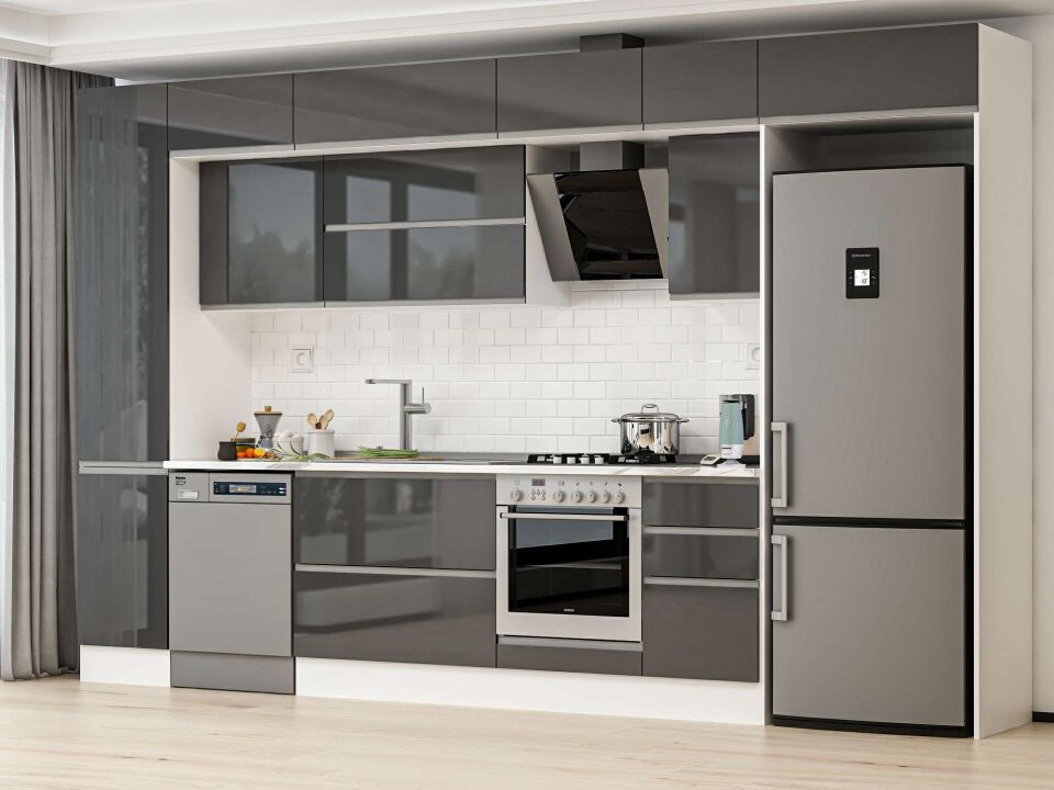 Alvinka 370X240 Cm High Gloss Mutfak Dolabı Mbb-E80B45S45-2 High Gloss | Antrasit - Suntalam